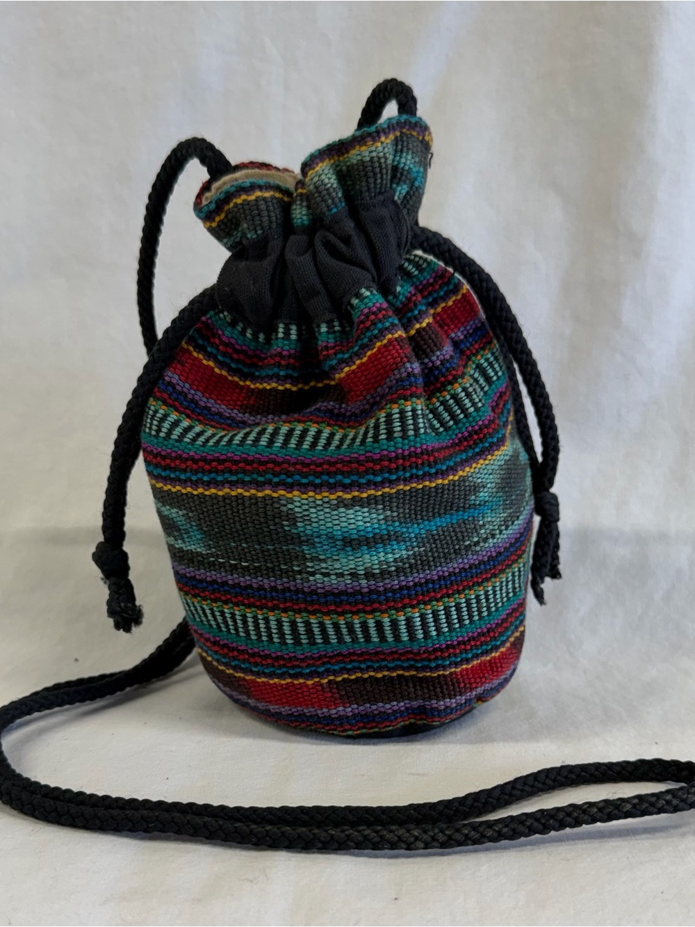 Boho Artisan Multicolor Woven Drawstring Bucket Crossbody Bag
